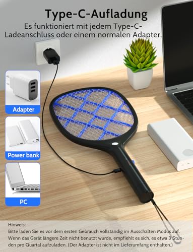 YISSVIC Elektrische Fliegenklatsche extra stark 4000 V mit LED Beleuchtung und Akku Aufladbar Schwarz