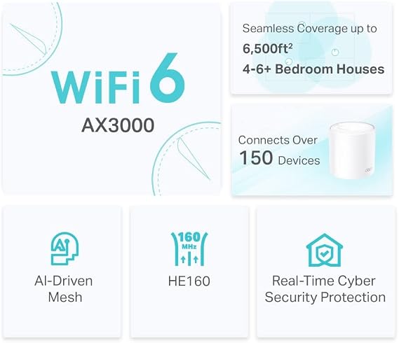 TP-Link Deco X50(3-pack) AX3000Mbps Mesh WiFi 6 System, AI-Driven, Coverage up to 6500ft², Seamless Roaming WiFi Mesh System, Gaming & 4K, Easy Setup, Alexa & Google Home, TP-Link HomeShield