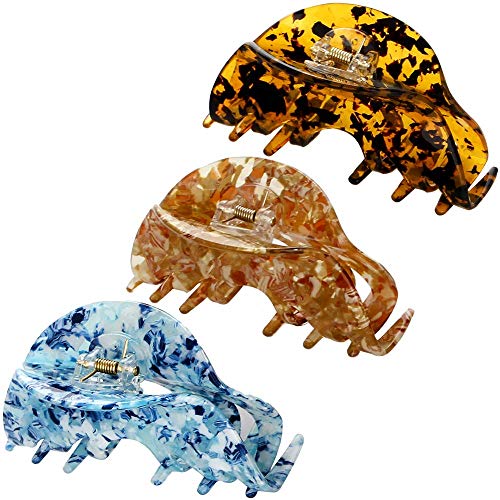 LONEEDY 3 Pack Hair Claw Leopard Florals Print Hair Clips Toothed Ponytail Clip Jaw Clips for Women and Ladies (Blue+Gold+Dark Brown)
