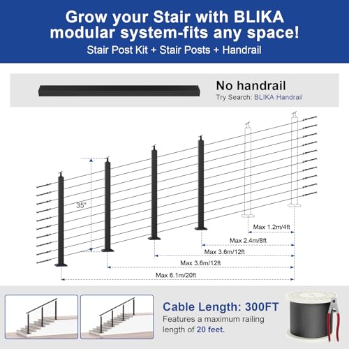 Image of BLIKA 15FT-25FT Complete Set 36 inch Stair Railing Post Kits, Adjustable Angle Line Post (25 to 35), Black Swageless Cable Railing System Include 4 Stair Posts, 300FT 1 /8 inch Stainless Cable(No Handrail)