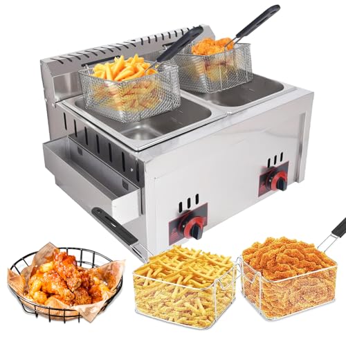 rzoizwko Gas Fritteuse 20L Gas-Fritteuse Edelstahl Fritteuse mit 2 Pommes Körbchen, Doppelter Tank Fritteuse Maschine für Restaurants, Cafés, Imbissstuben