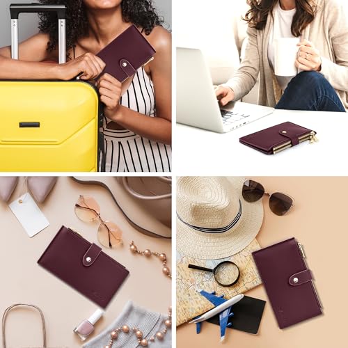 Image of Travelambo Womens Leather Bifold Wallet, Slim RFID Blocking Card Holder | Large Capacity, 16 Card Slots & ID Window, 2 Zipper Pockets, Dual Snap Closure, Slim Lightweight, RFID Privacy Protection