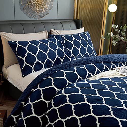 Bestchic Navy Blue Comforter Set Queen Size 3 Pieces, Sherpa Fleece Reversible Queen Comforter Set, Ultra Soft Fuzzy Down Alternative Comforter With 2 Pillow Shams（88 X 88 Inches #TOP1