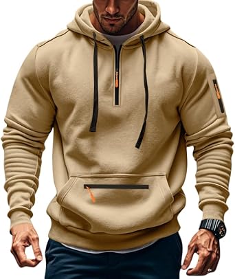 Mens Fleece Hoodie Sweatshirts Workout Athletic Hoodies Long Sleeve Quarter Zip Pullover Sweatshirt with Kanga Pockets