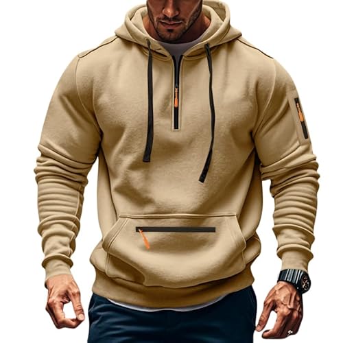 TAFLE Men’s Fleece Hoodie Sweatshirts Workout Athletic Hoodies Long Sleeve Quarter Zip Pullover Sweatshirt with Kanga Pockets Khaki