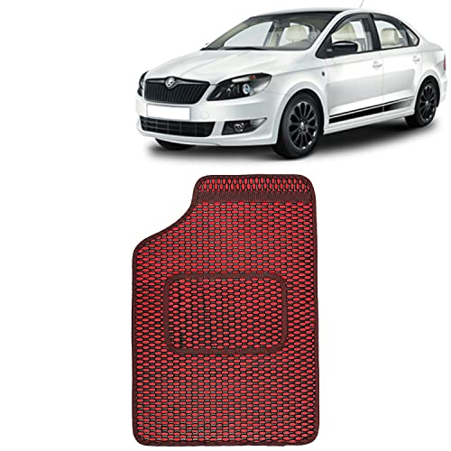 Image of Kingsway Dotted Design Car Floor Foot Mats Universal Fit for Skoda Rapid, Model Year : 2017-2021, Water and Dustproof, Color Red, Set of 5 Pieces
