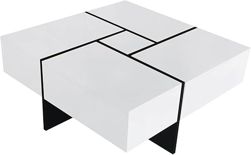 Mesa de centro cuadrada con compartimentos de almacenamiento ocultos, mesa de cóctel de alto brillo UV para sala de estar, color blanco
