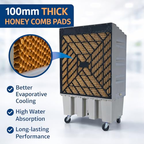 Image of Rocksun Iceburst 150 Commercial Dessert Air Cooler | 150L Tank | 11000 m /h Airflow | 24 inch Heavy Duty Fan | Honeycomb Cooling Pads | Industrial Air Cooler for Shops, Warehouses, Tent & Outdoor Use