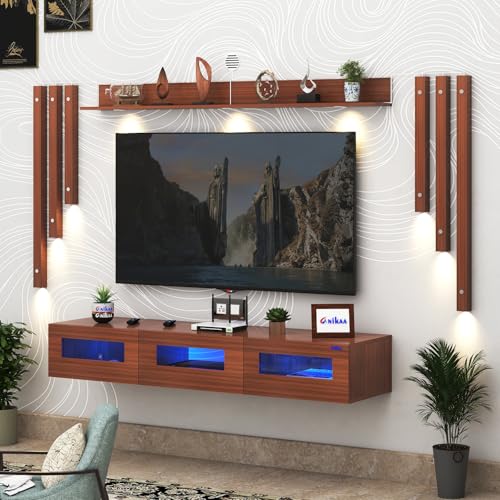 Image of Anikaa RayzaNote Engineered Wood Wall Mount TV Unit Acrylic Blue LED Storage Box, Side Wooden Accent Spot Light I Deal for Up to 50 Inch TV Walnut - DIY Installation