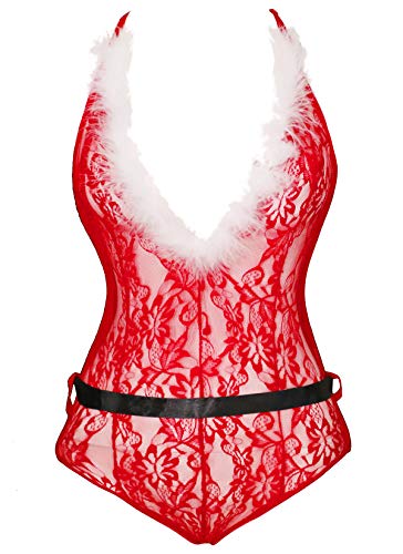 Bslingerie Women Lingerie Lace Mini Bodysuit Deep V Teddy Babydoll (XXL, Red Xmas chemise)