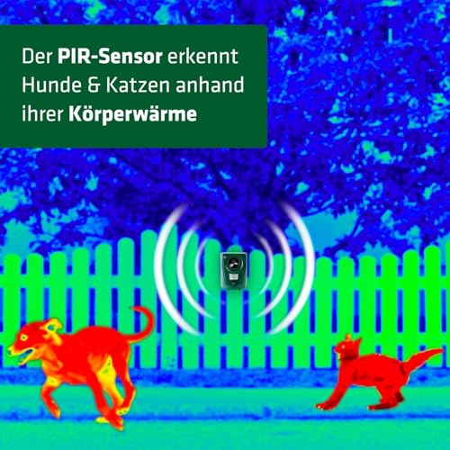 GARDIGO® Hunde- und Katzenabwehr | Hundeschreck und Katzenschreck für den Garten I Ultraschall Tiervertreiber 20-60 kHz I 120° Erfassungswinkel, 12m Reichweite | Gegen Hunde und gegen Katzen