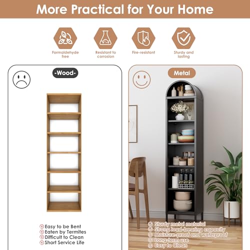Image of 72.83 inch H Metal Arch Bookshelf with 4 Adjustable Shelves, Open Arched Display Cabinet,Kitchen Pantry for Dining Room, Living Room, Office, Bathroom, Assembly Required,Black