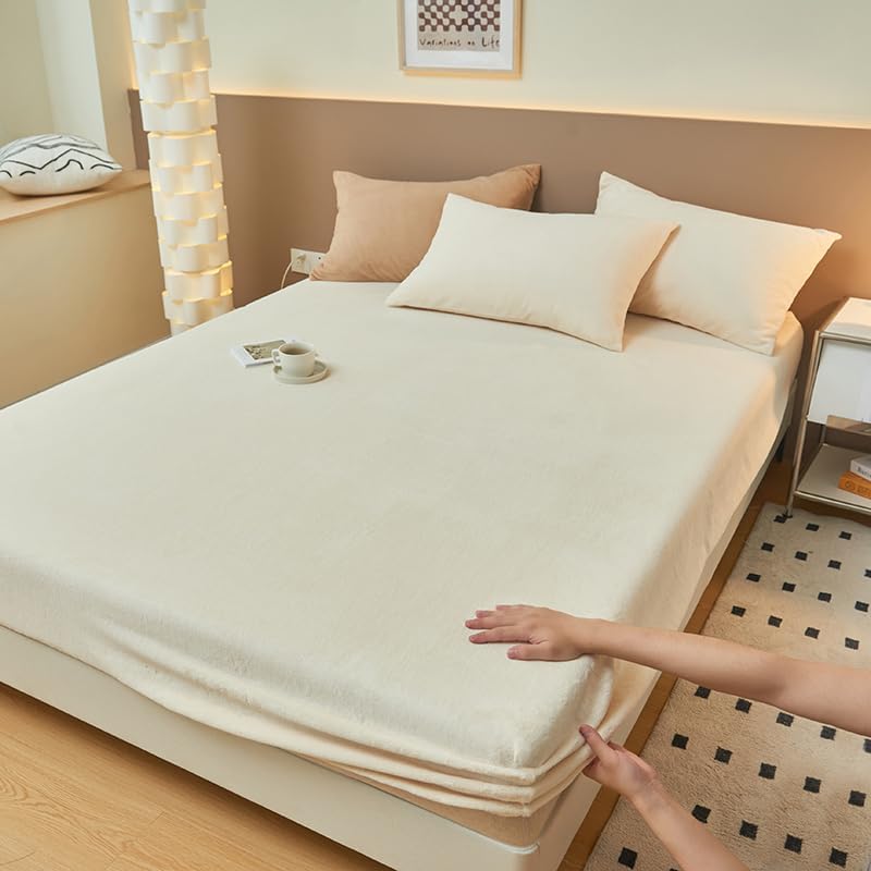 Crystal Milk Velvet, Solid-Color Protector, Soft and Fluffy, Multiple Sizes, Multiple Colors, Anti-Slip Mattress Protector, Does not Include Pillowcases (White,Queen)