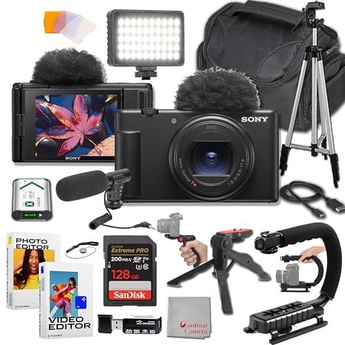 Sony ZV-1 II Vlog Camera for Content Creators and Vloggers: 128GB Extreme Memory, Mic, Video Light, Editing Software, U-Grip, and Tripod Bundle (21pc)