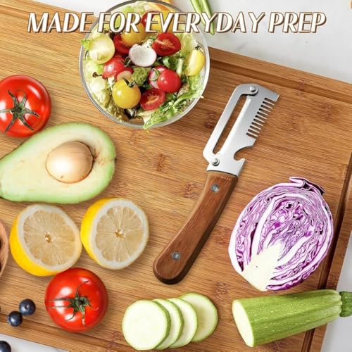 Image of 1 Pack 3-in-1 Multifunctional Vegetable Peeler with Wooden Handle | Stainless Steel Fruit & Vegetable Peeler with Built-in Grater & Bottle Opener | Kitchen Peeler for Potato, Carrot, Apple