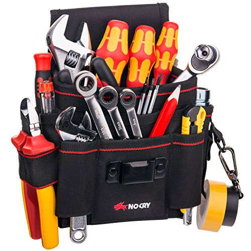 NoCry Heavy Duty Canvas Tool Pouch with 7 Roomy Pockets, 10 Tool Loops, Adjustable Waist Strap, and Sturdy Hook'n'Loop Belt Flap. Black