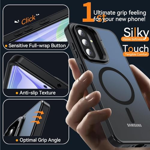 Image of DIZORO Compatible with Samsung Galaxy A37 Case Compatible with Wireless Charging, with Camera Stand, Military Grade Drop Tested,Translucent Hard Back Soft Edge Back Cover (Black)