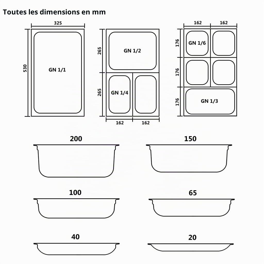 vidaXL Récipients Gastronorm 8 pcs GN 1/4 100 mm Acier inoxydable