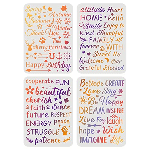 FINGERINSPIRE 4pcs Wortschablonen 29,7x21cm Inspirierende Wortschablone zum Malen von Schablonen mit Text: Happy Birthay, Love, Imagine Life, dankbare gesegnete Malerei auf Holz, Boden, Wand, Stoff Cover