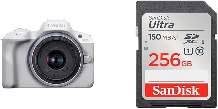 Canon EOS R50 Mirrorless SLR Camera Standard Zoom Lens Kit RF-S18-45, White/APS-C/Approx. 13.7 oz 376 g, EOSR50WH-1845ISSTMLK + SanDisk SD Card, 256GB SDXC Class 10, UHS-I Read Up to 150MB/sUltra