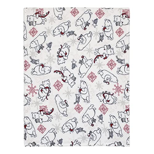 Image of Disney Classic Winnie The Pooh White, Red, and Green Holiday Christmas Piglet, Snowflakes and Bells Super Soft Baby Blanket