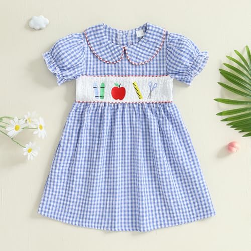 Little Girl Back to School Dress Doll Collar Embroidered Plaid Smocked Dresses Short Sleeve A-line Sundress3