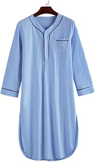 Men's Nightshirt Long Sleeve Night Sleep Shirts Soft Comfy Nightgown Mid-Length Pajama Mid-Length Pajama V Collared Robe Cotton Robe, XXL