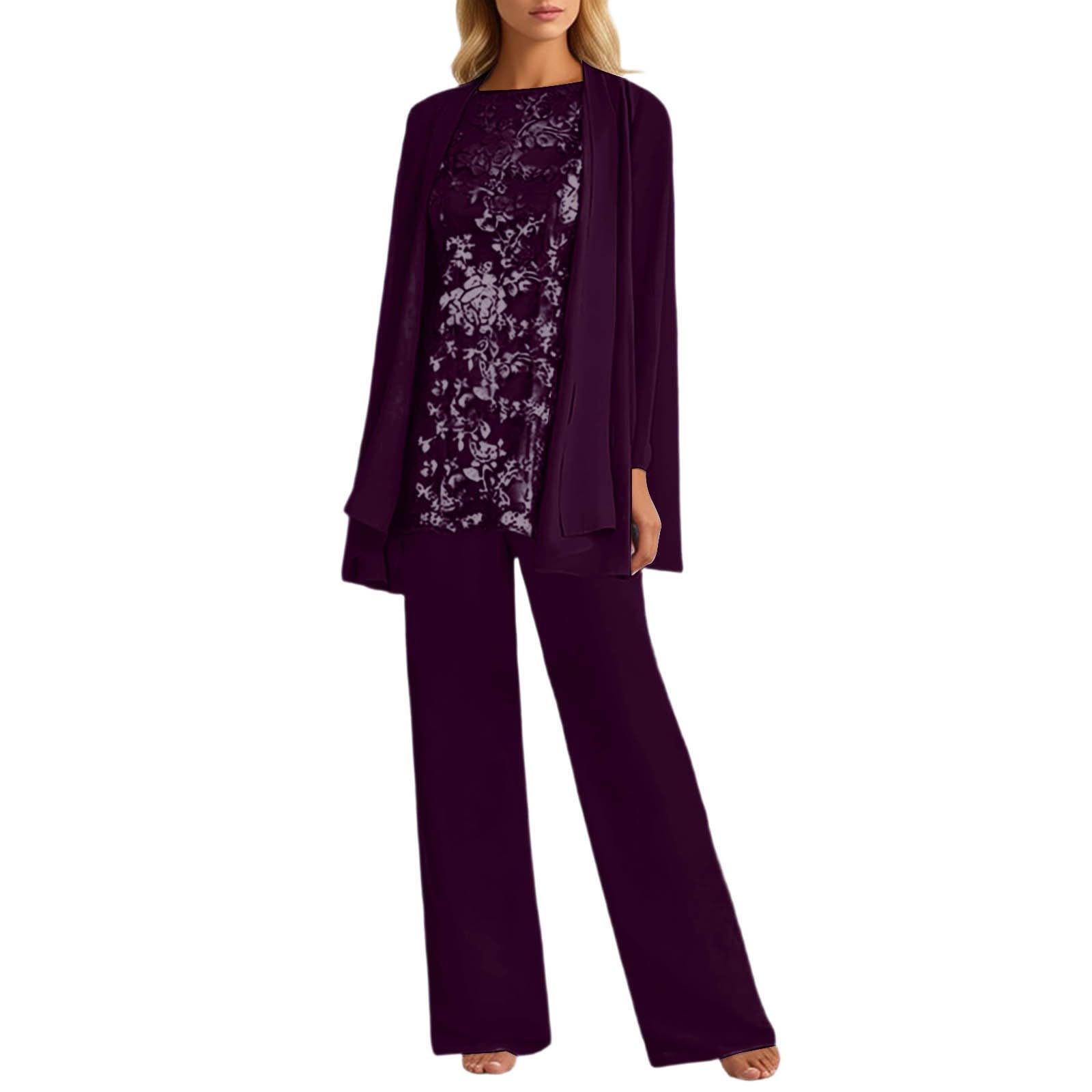 Generisch 3-Piece Women's Mother of the Bride Trouser Suit Lace Mother of the Bride Dresses with Jacket Long Sleeve Wedding Guest Dress Elegant Evening Suit Set Plain Trendy Three Piece for Festive
