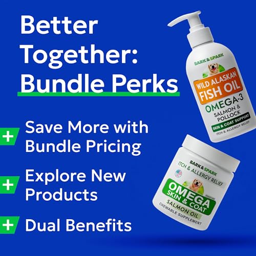 Image of BARK&SPARK Omega 3 + Fish Oil for Dogs - Skin Allergy Chews, Itch Relief, Hot Spots Treatment - Fish Oil Liquid Supplement for Pets, EPA+DHA Fatty Acids, Skin & Coat Support - Bundle: 180 Ct + 16 Oz
