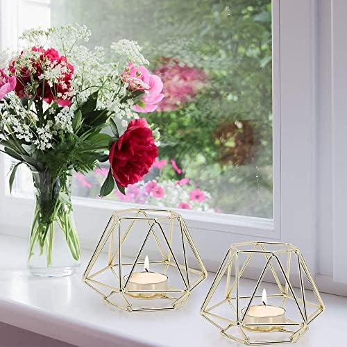 MoYouno 2Pcs Tea Light Candle Holders Set Home Decor, Metal Hollow Iron Decorative Candle Lanterns Holder, Ornament for Living Room, Wedding, Party, Events, Gold