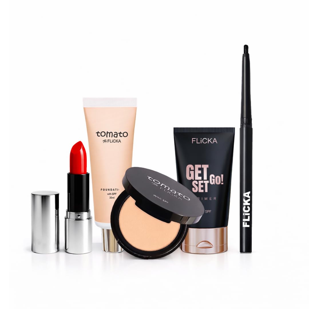FLiCKA Make Up Kit Combo | Get Set Go Primer | Tomato Compact Powder (Walnut) | Tomato Foundation (Walnut) | Breathtaking Eye Kajal | Tomato Bullet Lipstick (Shade - 14)-image-42