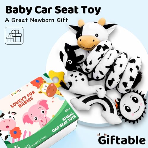 Image of Spiral Car Seat Baby Toys 0-6 Months, Infant Carseat High Contrast Sensory Toys Hanging Stroller Accessories, Newborn Shower Gifts for Baby Boys Essentials Stuff, Cute Black and White Cow