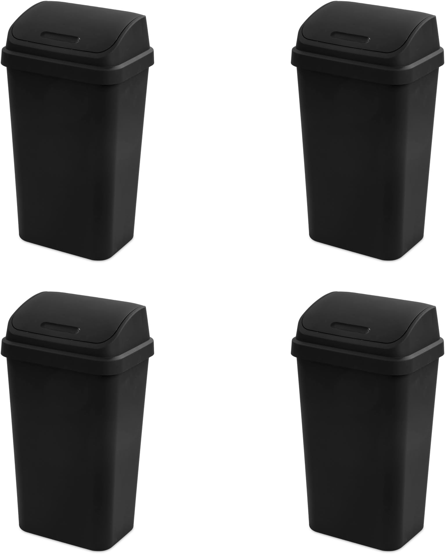 4-Pack Swing Top Wastebasket, Sleek Square Profile Trash Can, 13 Gallon, Black - Modern Garbage Bin for Kitchen, Bathroom, Garage and Workspace, Fits 13 Gal Liners