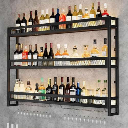 WEDGO Wall Mounted Bar Shelves with LED Lighting Metal Wine Rack for Bottles & Hanging Glass Storage Industrial Bar Shelves for Home Bar Kitchen or Wine Cellar