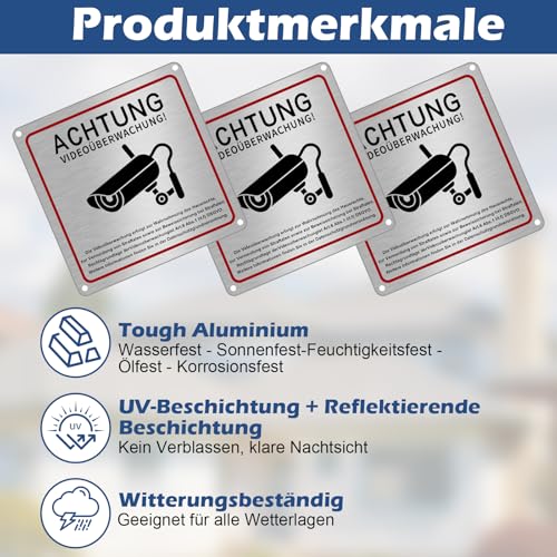 UXOIEPIO 3er Set Schild Videoüberwachung Privatgrundstück 15 x 15 cm aus Aluminium mit Klebeband - Hinweisschild Videoüberwachung inkl. DSGVO Hinweis, selbstklebend & vorgebohrt