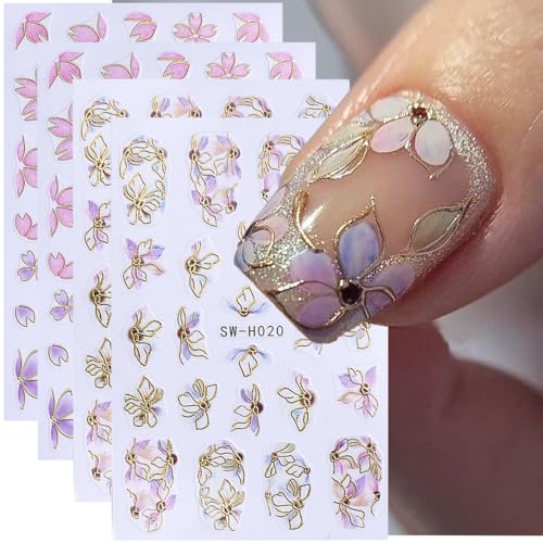 Flower Nail Stickers 3D Elegant Floral Nail Art Decal 6PCS 3D Self-Adhesive Japanese Style Colored Flowers Petals Nail Decals Flower Manicure Stickers Supply for Summer Fall DIY Nail Art Decorations