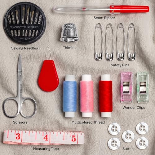 Image of ARTIKA Travel Sewing Kit, 59-Piece Portable Kit for Travel, Includes Scissors, Thread, Tape Measure - Sewing Accessories and Supplies | Mini Emergency Repair Sewing Kit, Beginner Set with Multicolor Thread, Needles, Scissors, Thimble, Clips & Travel Case