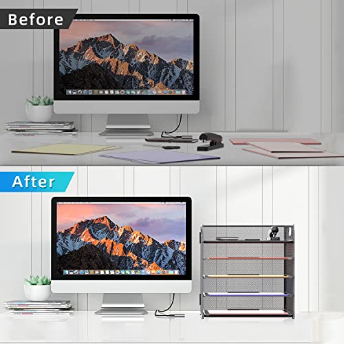 Image of Supeasy 5 Trays Paper Organizer Letter Tray with Handle-Mesh Desk File Organizer, Grey Paper Sorter Desk Organizer for Office, Home or School