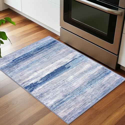 KOZYFLY Modern Abstract Small Area Rugs, 2x3 Washable Kitchen Rug Non-Slip Soft Small Bathroom Rug, Blue/Grey/Beige Striped Entryway Rugs Abstract Print Faux Wool Doormat for Bedside Entrance Bedroom