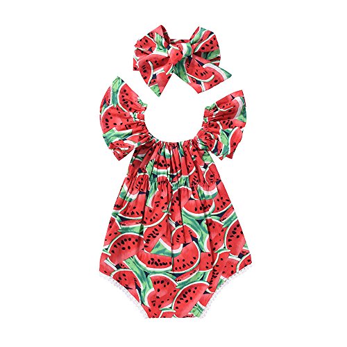 Kodaruber Baby Girls Playsuits Ruffled Bodysuit+Headband Watermelon Print Sleeveless Romper Jumpsuit Toddler Summer Clothes(Red,12-18 Months)