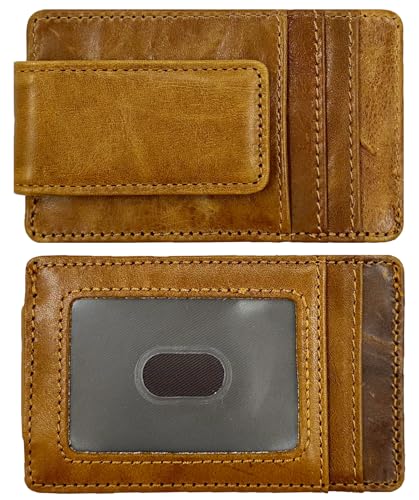 Front Pocket Wallets for Men with Magnet Money Clip RFID Blocking Leather Minimalist Slim Wallet Credit Card Holder (Small Brown)