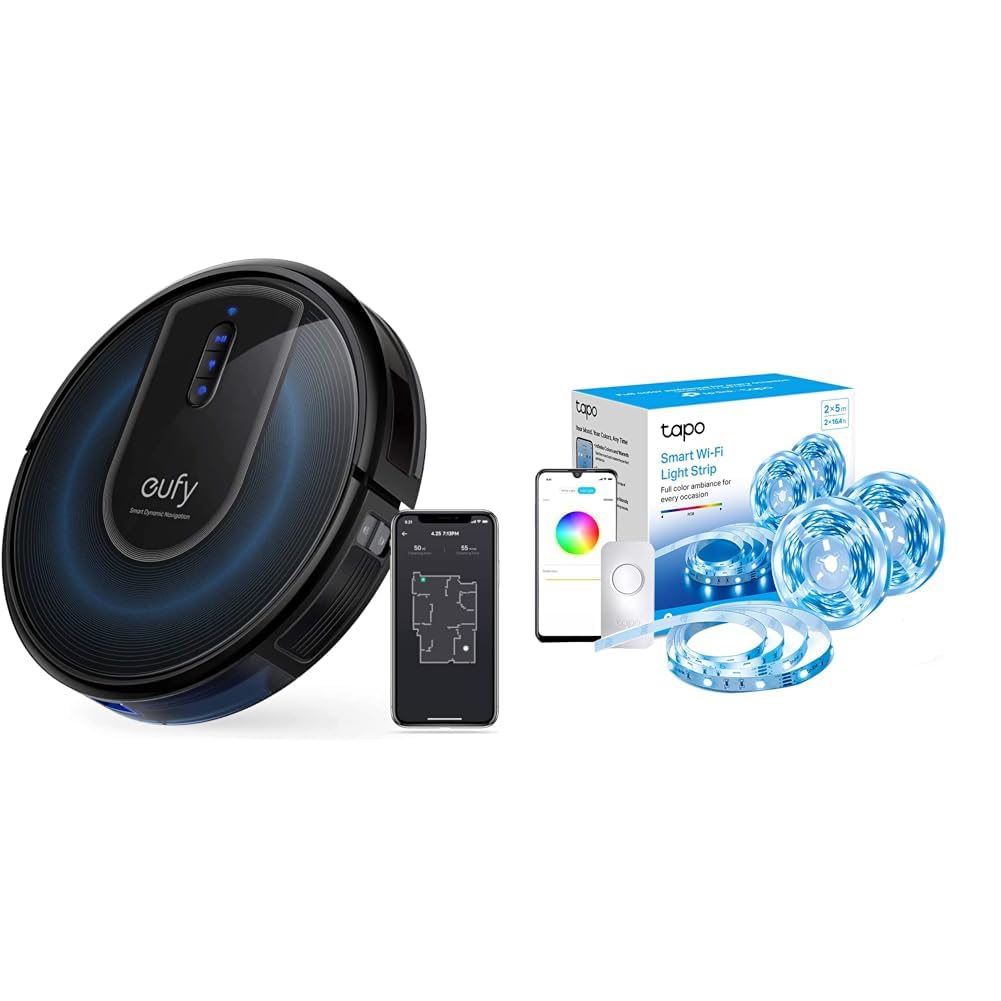 eufy eufy RoboVac G30 Robot Vacuum Cleaner with Smart Dynamic Navigation 2.0, 2000 Pa Strong Suction, Wi-Fi & Tapo Smart LED Light Strip, two lights included, Wi-Fi App Control RGB Multicolour