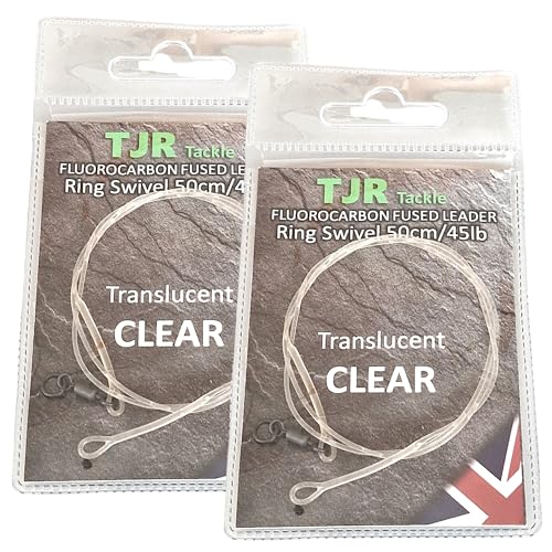 Twin pack fluorocarbon 50cm carp Leaders Flexi Ring swivels fused loop 3 colour options (Clear)