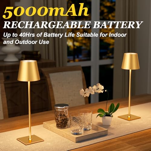 Image of Kakanuo Gold Cordless Rechargeable Table Lamp 5000mAh Battery Operated Lamps, 3 Colors Stepless Dimming Touch Lamp for Living Room, Kitchen Counter, Dining, Outdoor Patio, 2 Pack