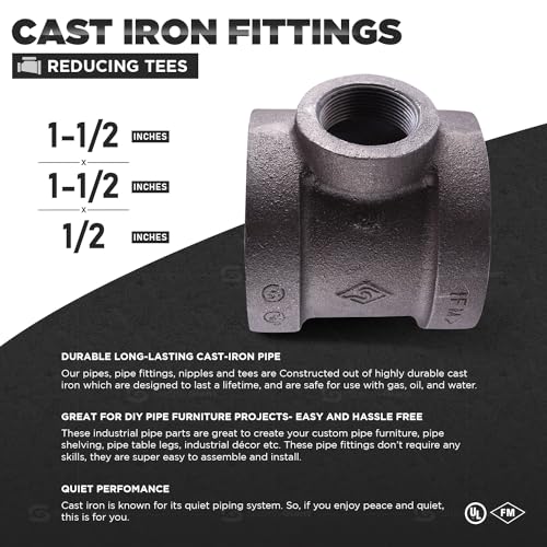 Supply Giant CU344H 1-1/2" x 1-1/2" x 1/2" Cast Iron Threaded Reducing Tee for Industrial Piping or DIY Projects with Black Finish by SUPPLYGIANT - Used condition - Image 3