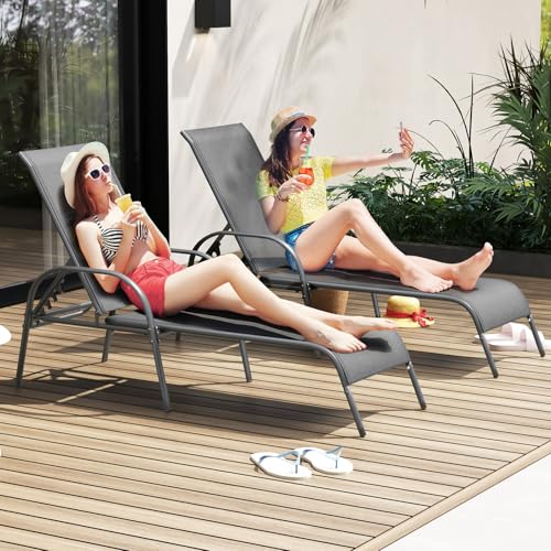 Image of Giantex 2 Pack Patio Lounge Chair, Outdoor Chaise Lounge with 5 Adjustable Backrest, Sturdy Steel Frame, Sunbathing Recliner, Tanning Chair for Beach, Outside, Yard, Balcony, Pool Chairs (2,Dark Gray)