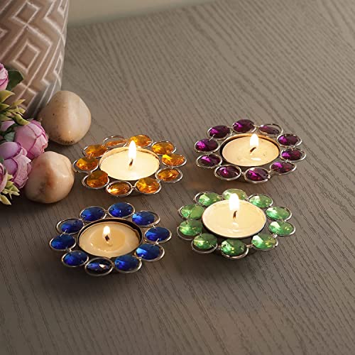 Image of CraftVatika Colorful Crystal Tealight Candle Holder Set of 4 | Home Decor, Diwali Decoration Items, Festive Decor, Pooja & Gifting | Multicolor Metal Tlight Holders for Home Pooja Decoration Items