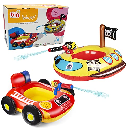 2 Pack Inflatable Kids Pool Float with Water Gun, Firetruck and Pirate Ship Pool Floats for Toddler, Blow Up Swimming Pool Toys for Toddlers, Fun Boat Shaped Ride-On Floaties for Boys Girls and Child