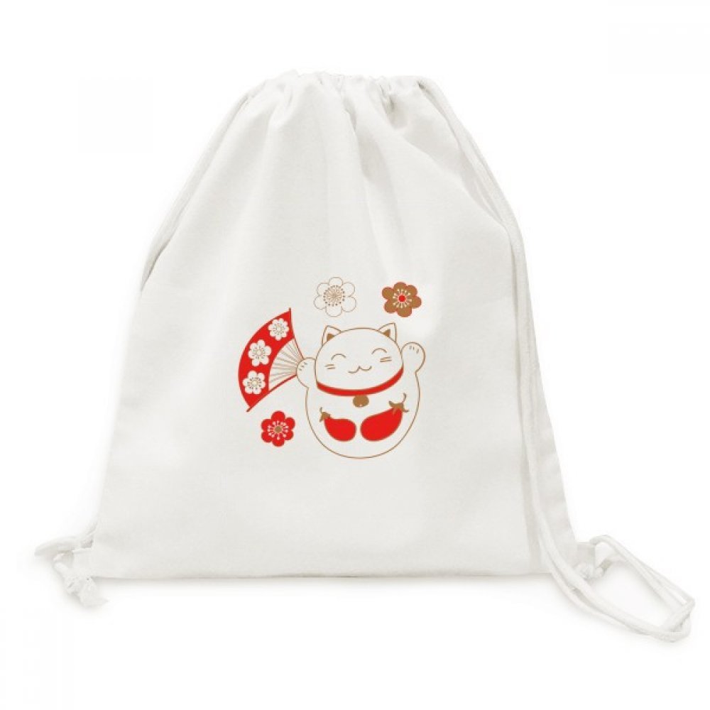 Sacoche cordon en toile japonaise avec imprimé chat de la fortune et fleurs - 5