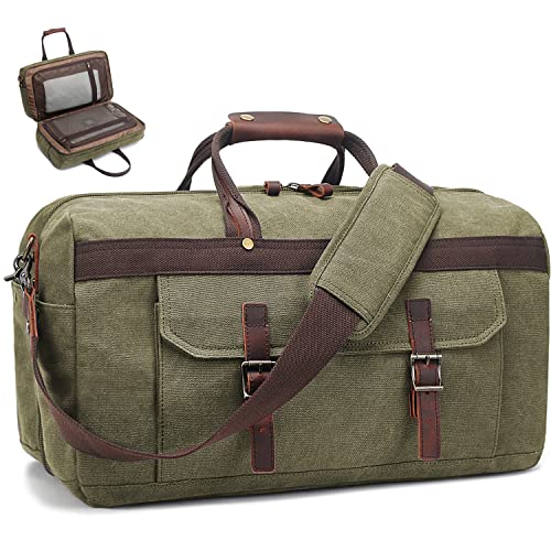 Duffle Bag for Men Waterproof Genuine Leather Canvas Travel Duffel Bags for Women Overnight Weekender Bag for Traveling